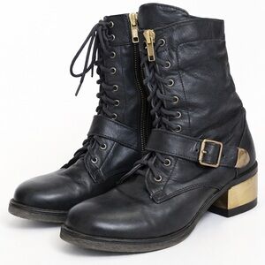 Lolly Black Leather Moto Combat Boots 8M Buckle Strap YKK Zip Block Heel